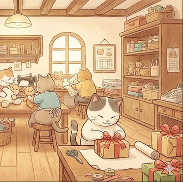 Illustration of cats in a workshop with sewing supplies and gift-wrapping activities.