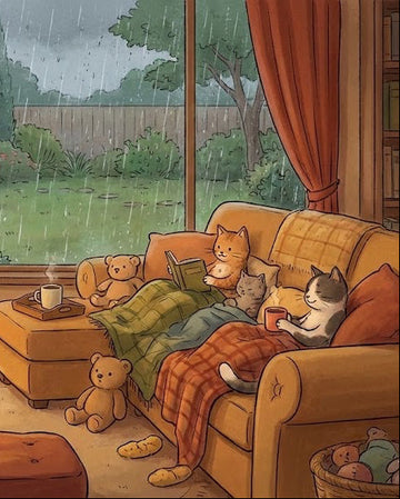 Cozy living room with a fireplace, sofa, and window view of a rainy day.